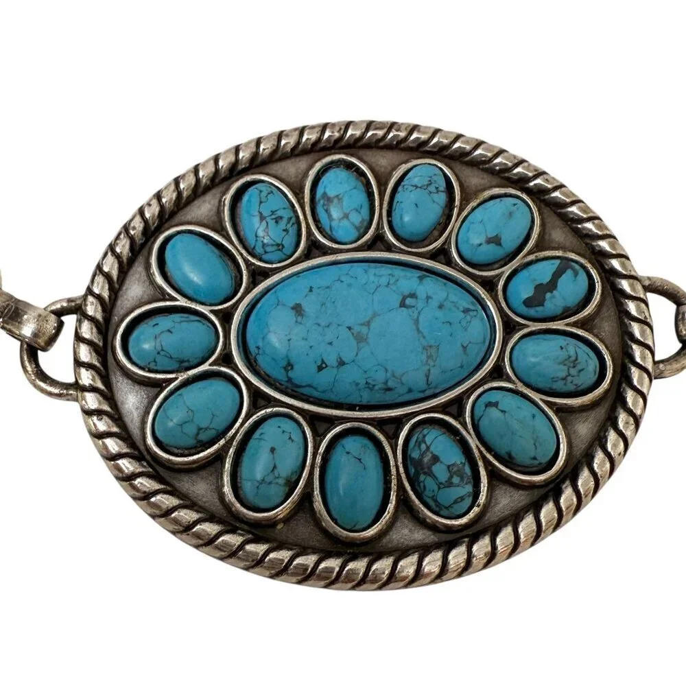 Chico's Link Belt Faux Turquoise Medallion Silvertone Chain Western Concho